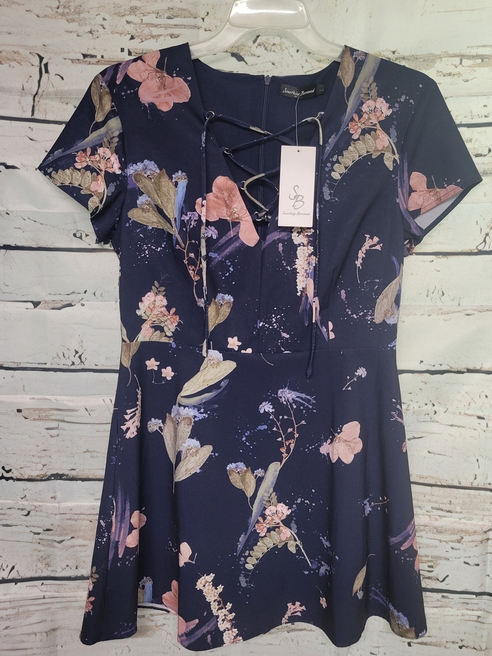 Something Borrowed Floral Print Lace-Up Skater Dress Navy Blue Size Large